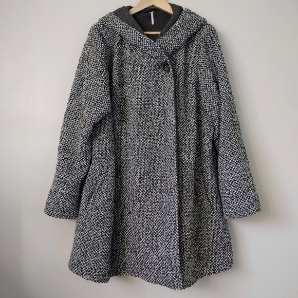 Free People Tweed Satellite Image Swing Coat Size Large Hooded Jacket -HOST PICK - Picture 4 of 16